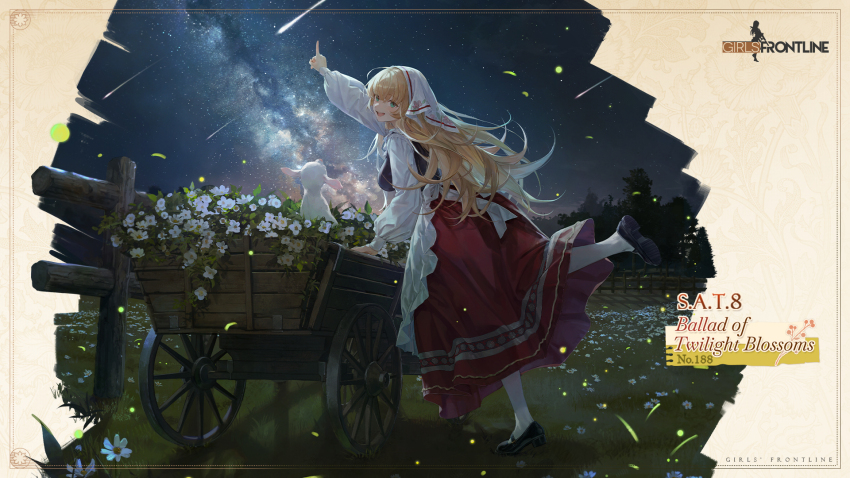 1girl :d apron black_shoes black_vest blonde_hair breasts character_name commentary copyright_name daisy english_commentary fang fence field flower from_side full_body girls&#039;_frontline grass highres index_finger_raised lamb large_breasts leaning_on_object light_particles long_hair long_sleeves looking_at_viewer mary_janes meadow nin_(lion) official_alternate_costume official_art open_mouth outdoors pantyhose promotional_art red_skirt s.a.t.8_(ballad_of_twilight_blossoms)_(girls&#039;_frontline) s.a.t.8_(girls&#039;_frontline) second-party_source shadow sheep shirt shoe_soles shoes shooting_star skirt sky smile solo standing standing_on_one_leg teeth tree upper_teeth_only veil very_long_hair vest wagon white_apron white_pantyhose white_shirt white_veil wooden_fence