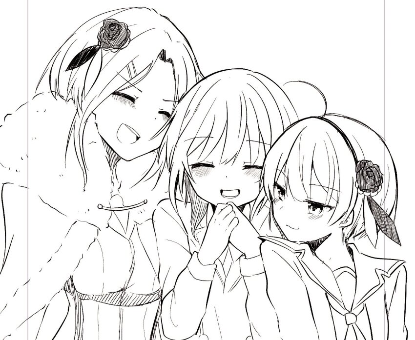 3girls ahoge aoi_erika black_hair cape cardigan flower fur-trimmed_cape fur_trim hair_flower hair_ornament happy heaven_burns_red highres leaning_on_person lineart long_sleeves minase_ichigo minase_sumomo monochrome multiple_girls puyopiku rose shirt short_hair vest yuri