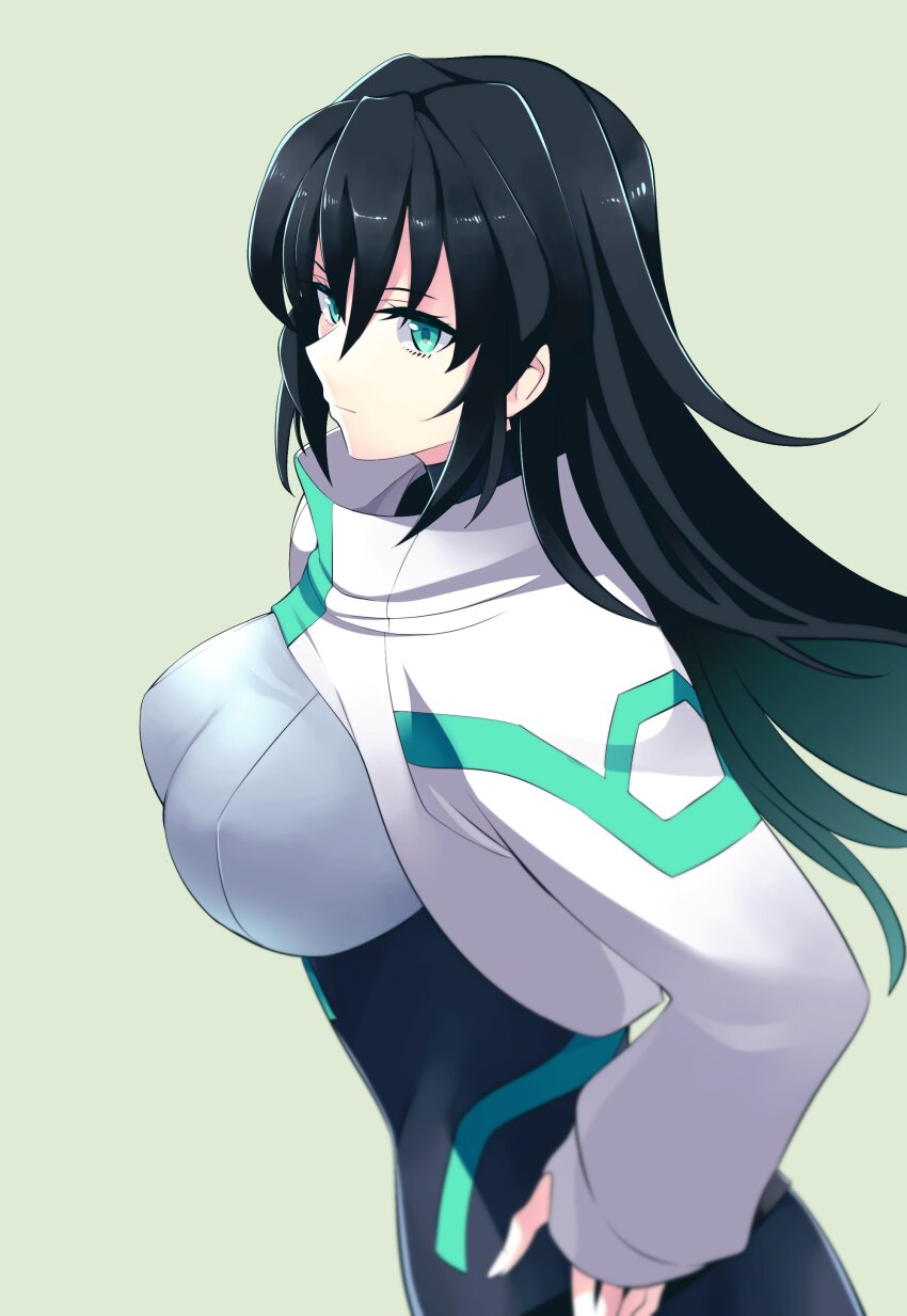 1girl absurdres black_bodysuit black_hair bodysuit breasts closed_mouth commentary expressionless floating_hair from_side green_background green_eyes gundam gundam_build_divers gundam_build_divers_re:rise hair_between_eyes hand_on_own_hip highres kato_takuji large_breasts long_hair long_sleeves looking_at_viewer may_(gundam_build_divers_re:rise) shrug_(clothing) sideways_glance simple_background skin_tight solo upper_body very_long_hair