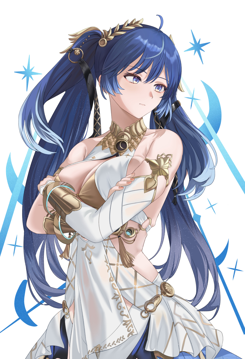1girl absurdres ahoge ancient_greek_clothes bare_shoulders blue_eyes blue_hair breasts cleavage closed_mouth commentary crossed_arms gold_bra greco-roman_clothes hair_belt head_wreath highres iuno_(wuthering_waves) large_breasts long_hair mosta_(lo1777789) multicolored_hair simple_background solo streaked_hair symbol-only_commentary twintails white_background wuthering_waves