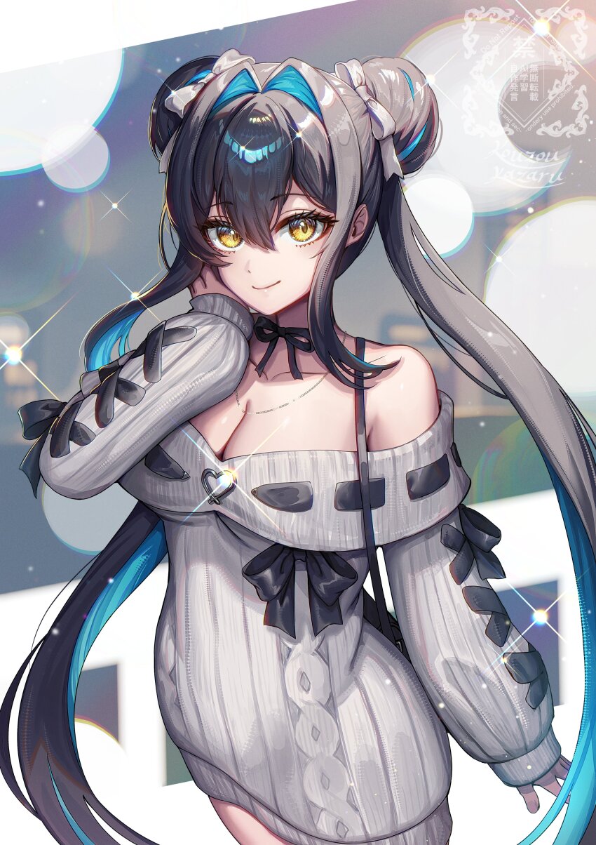 1girl absurdres aqua_hair colored_inner_hair commentary_request double_bun dress goddess_of_victory:_nikke grey_sweater hair_bun hair_intakes highres kozou_kazaru little_mermaid_(beautiful_bubble)_(nikke) little_mermaid_(nikke) multicolored_hair off-shoulder_sweater off_shoulder official_alternate_costume official_alternate_hairstyle ribbed_dress solo sweater sweater_dress