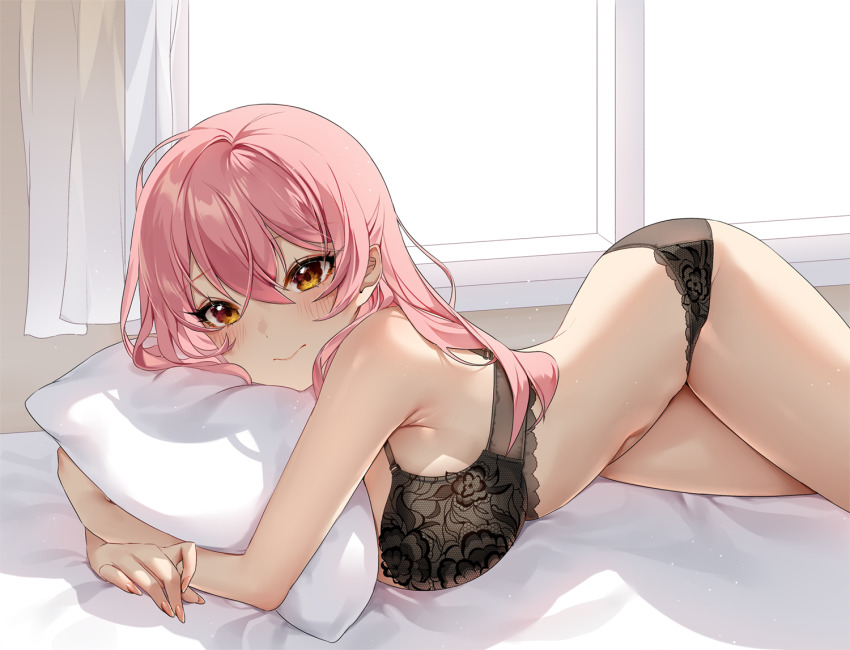 1girl armpit_crease bare_shoulders black_bra black_panties blush bra breasts closed_mouth indoors large_breasts long_hair looking_at_viewer lying on_side on_stomach original panties pillow pink_hair solo tacco_(tikeworld) thighs underwear underwear_only window yellow_eyes