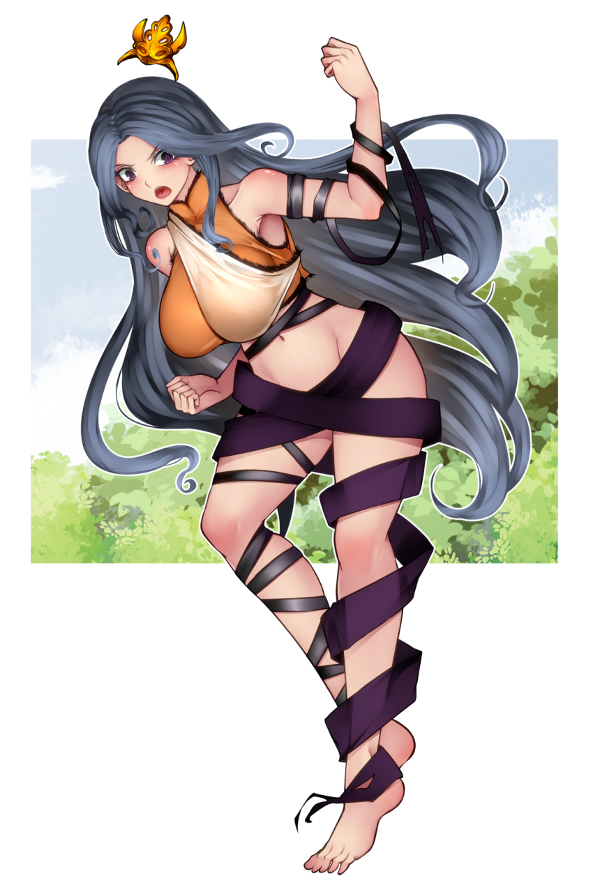 1girl aoshima barefoot black_ribbon blush breasts chirizuka_ubame clenched_hands commentary_request crop_top full_body grey_hair highres large_breasts leaning_forward leg_ribbon long_hair looking_at_viewer navel open_mouth orange_shirt purple_eyes ribbon shirt sleeveless sleeveless_shirt solo touhou very_long_hair