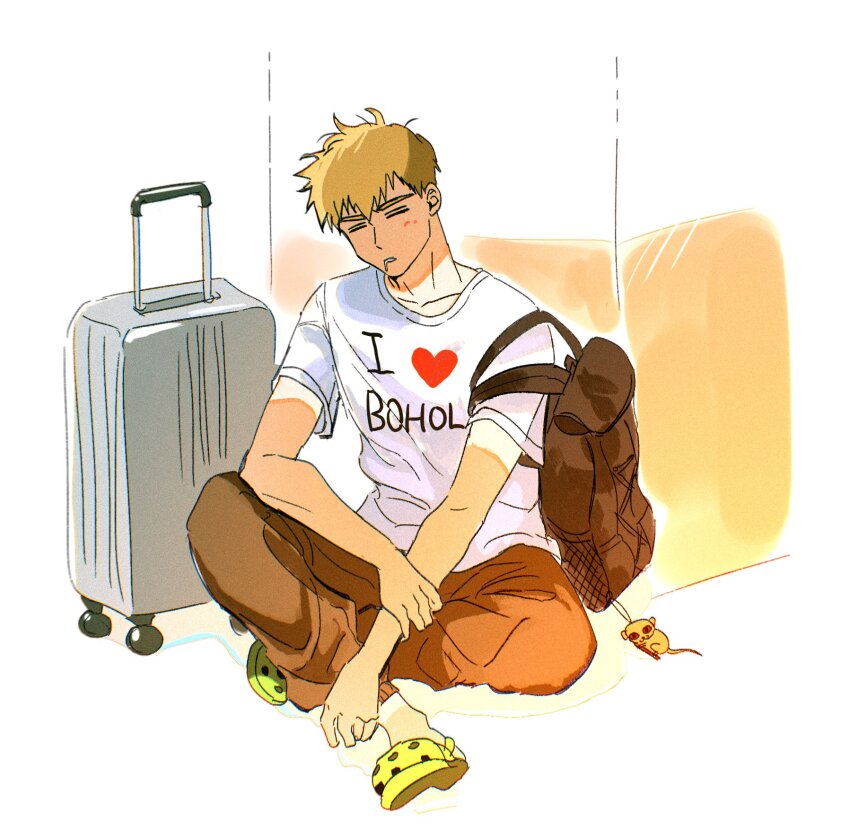 1boy backpack bag bag_charm blonde_hair brown_bag brown_pants charm_(object) closed_eyes commentary_request crocs full_body highres i_heart... korean_commentary male_focus mob_psycho_100 pants philippines reigen_arataka reigendream rolling_suitcase shirt shoes short_hair short_sleeves simple_background sitting sleeping sleeping_upright solo suitcase white_background white_shirt yellow_shoes