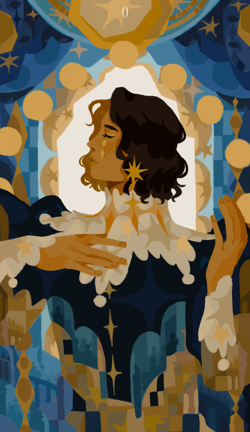 1girl absurdres androgynous architecture blue_dress brown_hair card_(medium) closed_eyes collar commentary dress earrings english_commentary facial_mark fantasy gold_earrings hand_on_own_chest hands_up highres indoors jewelry limited_palette long_sleeves numbered original parted_lips profile puffy_sleeves short_hair solo spearmintaii star_(symbol) star_button star_earrings tarot tarot_(medium) the_fool_(tarot) wavy_hair white_collar white_wrist_cuffs wrist_cuffs yellow_eyeliner