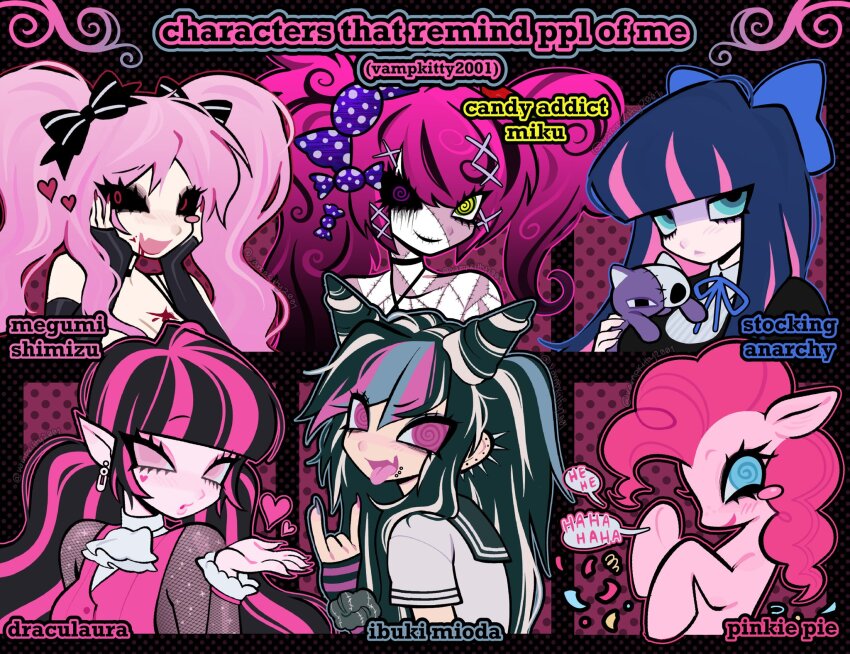 5girls @_@ \m/ animal ascot big_hair black_hair black_sclera blood blowing_kiss blue_bow blue_eyes blue_hair bow breasts candy_addict_full_course_(vocaloid) cleavage colored_sclera colored_skin commentary curly_hair danganronpa_(series) danganronpa_2:_goodbye_despair draculaura english_commentary english_text eyelashes hair_bow hatsune_miku highres honekoneko_(psg) horns horse laughing long_hair mioda_ibuki monster_high monster_high_(g1) multicolored_hair multiple_drawing_challenge multiple_girls my_little_pony my_little_pony:_friendship_is_magic panty_&amp;_stocking_with_garterbelt pink_eyes pink_skin pinkie_pie pony_(animal) punk safety_pin scene_fashion school_uniform serafuku shiki_(novel) shimizu_megumi six_fanarts_challenge speech_bubble stocking_(psg) streaked_hair stuffed_animal stuffed_cat stuffed_toy thick_eyelashes thick_lineart twintails vampire vampkitty2001 vocaloid white_ascot