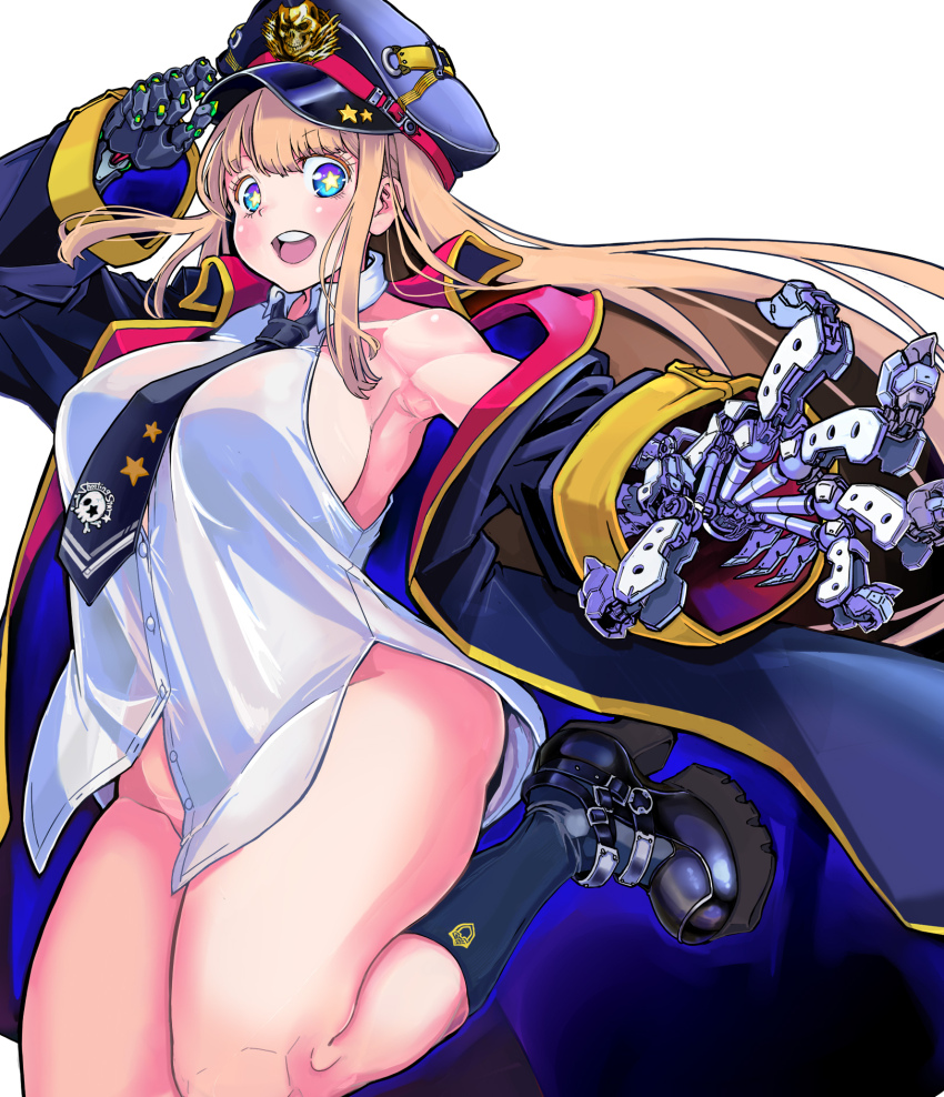 1girl android bare_shoulders black_necktie black_shoes black_socks blonde_hair blue_coat blue_eyes breasts coat gradient_eyes green_eyes groin hat highres kahlua_(take_nii) large_breasts leg_up long_hair looking_at_viewer mechanical_arms military_hat multicolored_eyes necktie no_panties open_mouth original purple_eyes shirt shoes sleeveless sleeveless_shirt socks solo star-shaped_pupils star_(symbol) symbol-shaped_pupils take_nii thick_thighs thighs white_shirt