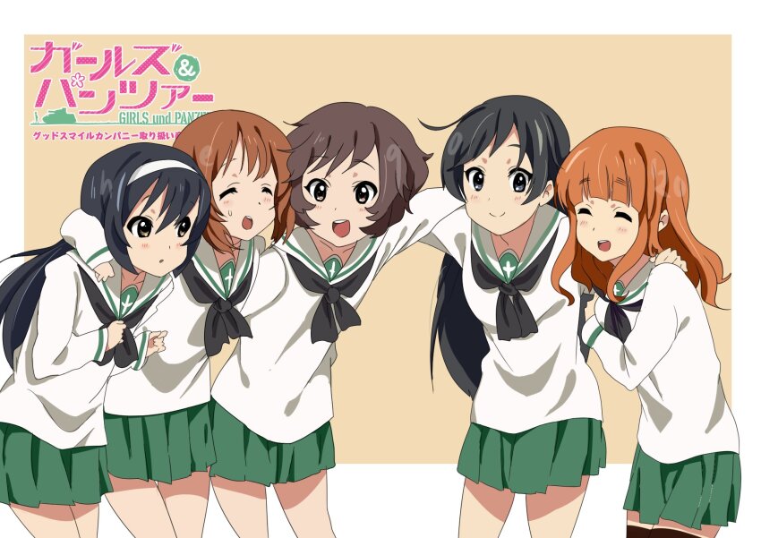 5girls :d ahoge akiyama_yukari black_hair black_neckerchief crossed_bangs dark_skin girls_und_panzer green_skirt happy headband highres isuzu_hana k-on! kyoto_animation light_blush long_hair medium_hair messy_hair multiple_girls neckerchief neqo_(neneneqo) nishizumi_miho ooarai_school_uniform open_mouth orange_hair parody pleated_skirt school_uniform serafuku short_hair simple_background skirt smile square style_parody sweatdrop takebe_saori thick_eyebrows