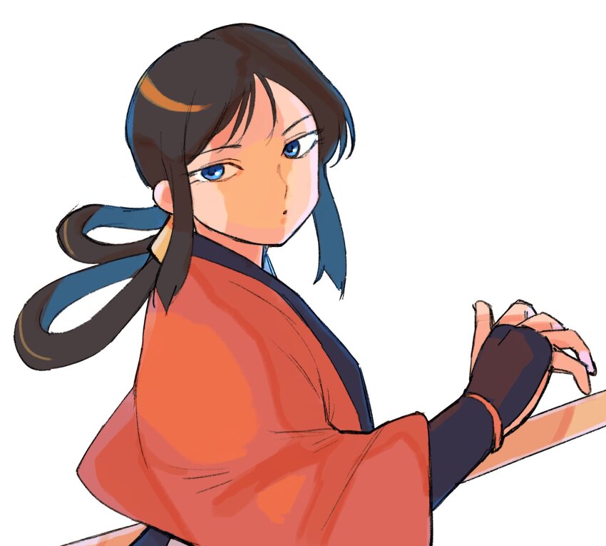 1girl bakumatsu_rouman black_hair blue_eyes gan2 hair_rings haori highres japanese_clothes long_hair red_haori scabbard sheath simple_background solo takane_hibiki upper_body white_background wide_sleeves