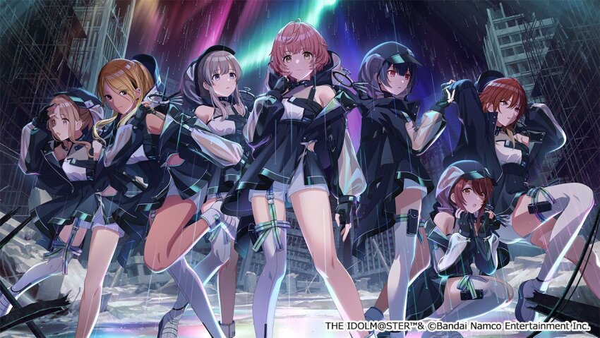 6+girls aketa_mikoto black_eyes black_gloves black_hair blonde_hair brown_eyes brown_hair building commentary_request fingerless_gloves gloves gradient_hair grey_hair hood ichikawa_hinana idolmaster idolmaster_shiny_colors ikuta_haruki izumi_mei key_visual long_sleeves looking_at_viewer morino_rinze multicolored_hair multiple_girls official_art osaki_tenka promotional_art purple_eyes rain red_eyes ruins see-through_clothes see-through_sleeves short_hair shorts single_thighhigh squatting thigh_strap thighhighs white_shorts yukoku_kiriko