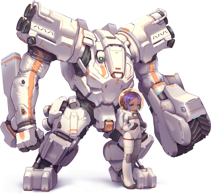 1girl ags_(last_origin) astronaut blue_eyes coco_mercury dark-skinned_female dark_skin fishbowl_helmet flat_chest full_body game_cg helmet highres kakiman last_origin looking_at_viewer mecha official_art purple_hair robot short_hair skindentation smile space_helmet spacesuit standing tachi-e transparent_background whiteshell