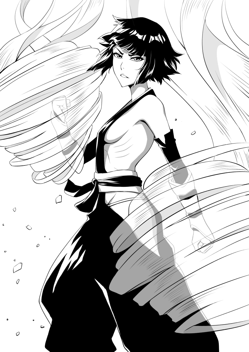 1girl absurdres black_hair bleach breasts female_focus fundoshi highres japanese_clothes medium_hair monochrome sakuya_(liao_kj) sideboob simple_background small_breasts sui-feng white_background