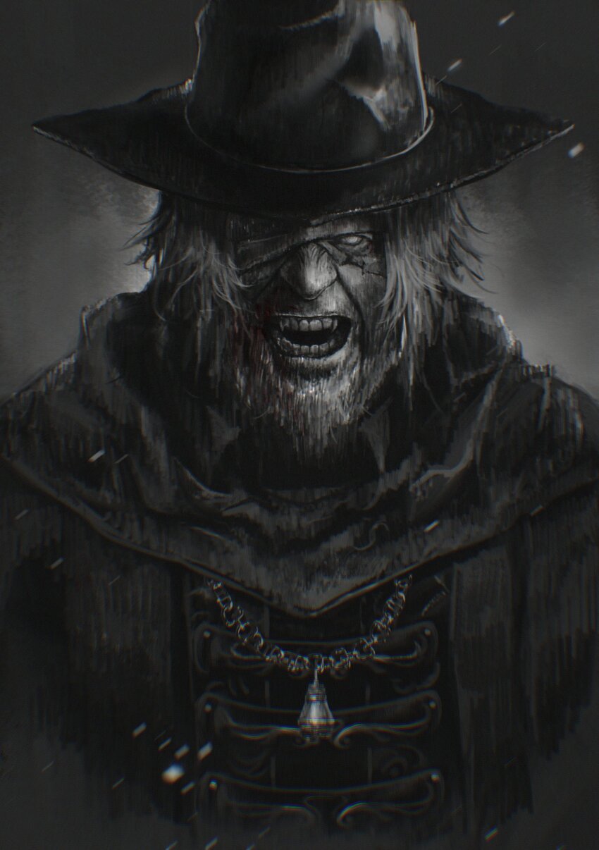 1boy beard black_hat bloodborne facial_hair father_gascoigne gradient_background graffitigw grey_hair hat highres jacket jewelry long_sleeves looking_at_viewer male_focus messy_hair necklace short_hair solo