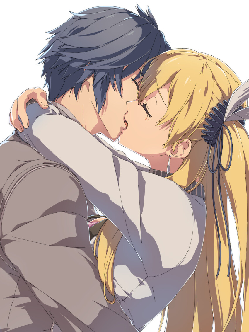 1boy 1girl alisa_reinford blonde_hair blue_hair chiharu_(9654784) closed_eyes coat commentary_request couple earrings eiyuu_densetsu french_kiss grey_coat hair_between_eyes hetero highres hug jacket jewelry kai_no_kiseki kiss kuro_no_kiseki_(series) long_hair one_side_up rean_schwarzer short_hair simple_background teardrop_earrings white_background white_jacket