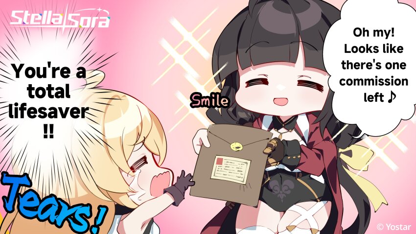 2girls :d =_= ^_^ absurdres ahoge armpits black_hair black_leotard blonde_hair blunt_bangs brown_gloves cape closed_eyes commentary copyright_name copyright_notice covered_navel cowboy_shot crying english_commentary english_text envelope garter_straps gloves highres holding holding_envelope leotard long_hair long_sleeves mechanical_hands multiple_girls musical_note noya_(stella_sora) official_art open_mouth raised_inner_eyebrows red_cape red_shrug single_garter_strap single_mechanical_hand skindentation sleeveless smile speech_bubble spoken_musical_note stella_sora streaming_tears tears thick_thighs thighhighs thighs translation_request white_thighhighs willow_(stella_sora)