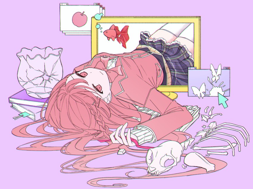 1000-nen_ikiteru_(vocaloid) 393_kani_(sakusa_kani) alternate_eye_color alternate_hair_color animal_skull apple blazer bone book bow bowtie braid broken bug butterfly commentary_request computer_keyboard cursor fish fishbowl food fruit glass_container goldfish hair_spread_out highres insect jacket long_hair looking_at_viewer lying monitor nijisanji on_back pink_bow pink_bowtie pink_eyes pink_hair plaid_clothes plaid_skirt purple_background school_uniform simple_background skirt thighhighs through_medium through_screen tsukino_mito tsukino_mito_(1st_costume) very_long_hair virtual_youtuber white_thighhighs window_(computing) zettai_ryouiki