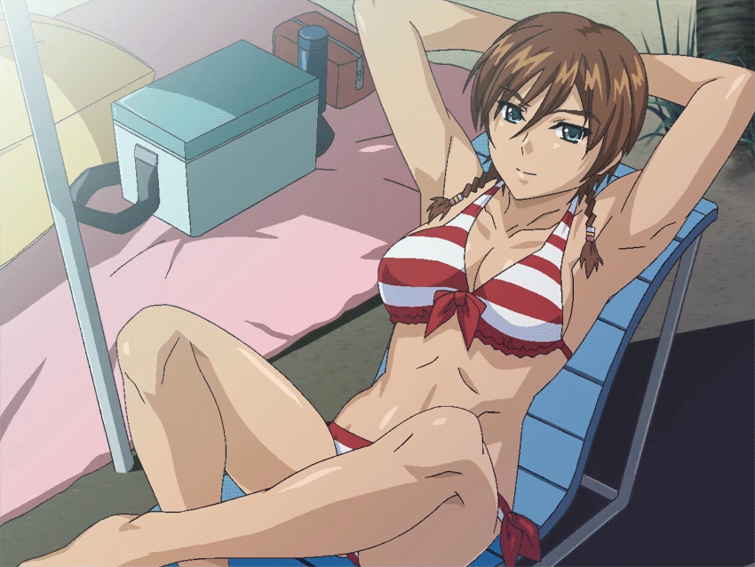1girl armpits arms_behind_head beach beach_chair bikini braid breasts brown_hair cleavage crossed_legs feet game_cg green_eyes highres kuouzumi_mika kuouzumiaiginsusutakeizumonokamimeichoujin_mika large_breasts legs looking_at_viewer resort_boin short_hair sitting smile solo swimsuit tan thighs towel twin_braids
