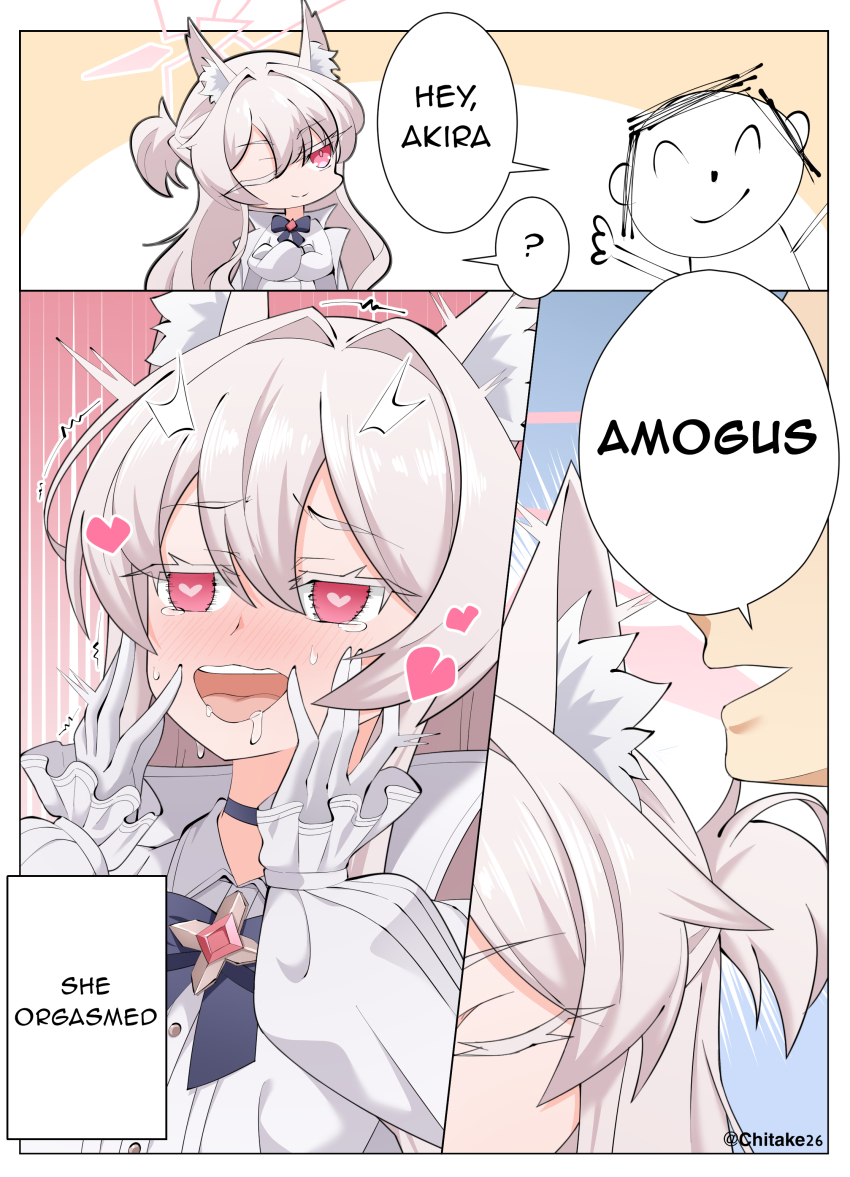 1boy 1girl absurdres ahegao akira_(blue_archive) among_us animal_ear_fluff animal_ears aroused blue_archive comic doodle_sensei_(blue_archive) english_text fox_ears fox_girl hair_between_eyes halo hands_on_own_face heart heart-shaped_pupils highres long_hair looking_at_another one_eye_closed open_mouth pink_eyes sensei_(blue_archive) shirozaya smile speech_bubble symbol-shaped_pupils whispering white_hair