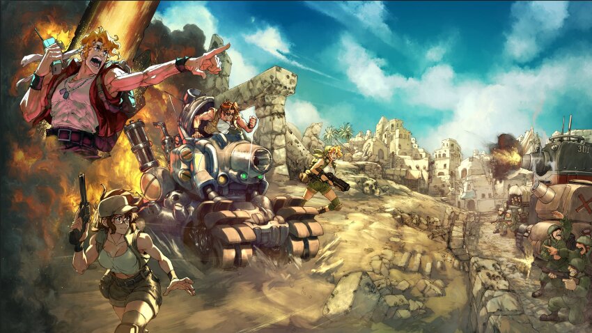 army blonde_hair breasts brown_hair cleavage david_liu explosion fio_germi gun handgun highres holding holding_walkie-talkie holding_weapon kasamoto_eri marco_rossi metal_slug metal_slug_tactics military_vehicle motor_vehicle official_art open_mouth pointing promotional_art revolver sv001_(metal_slug) tank tank_top tarma_roving textless_version vest walkie-talkie weapon