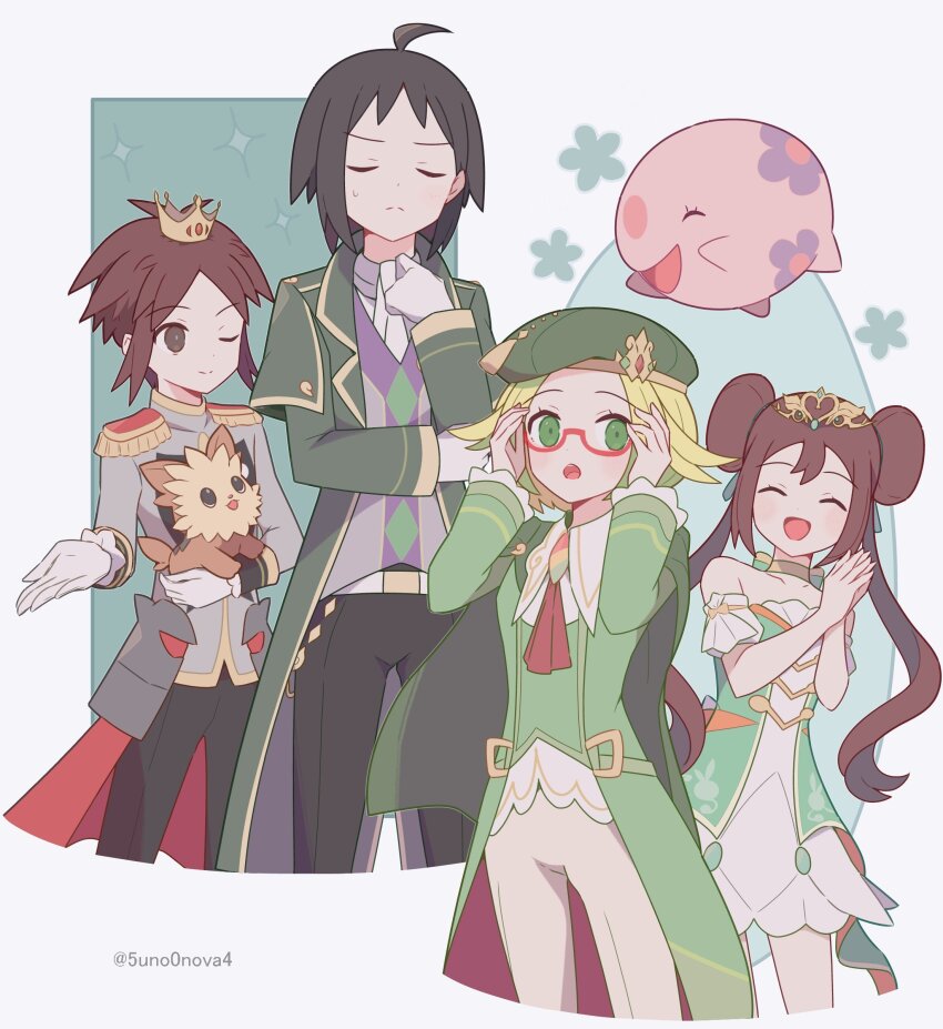 2boys 2girls 343rone absurdres ahoge bare_shoulders bianca_(champion)_(pokemon) bianca_(pokemon) black_hair blonde_hair bright_pupils brown_eyes brown_hair cheren_(champion)_(pokemon) cheren_(pokemon) closed_eyes closed_mouth coat collarbone crown double_bun dress epaulettes glasses gloves green_coat green_eyes green_hat hair_bun hat highres jacket long_hair long_sleeves mini_crown multiple_boys multiple_girls nate_(champion)_(pokemon) nate_(pokemon) nintendo official_alternate_costume one_eye_closed open_clothes open_mouth pants pokemon pokemon_masters_ex rosa_(champion)_(pokemon) rosa_(pokemon) shirt short_hair smile strapless strapless_dress tiara twintails white_dress white_gloves