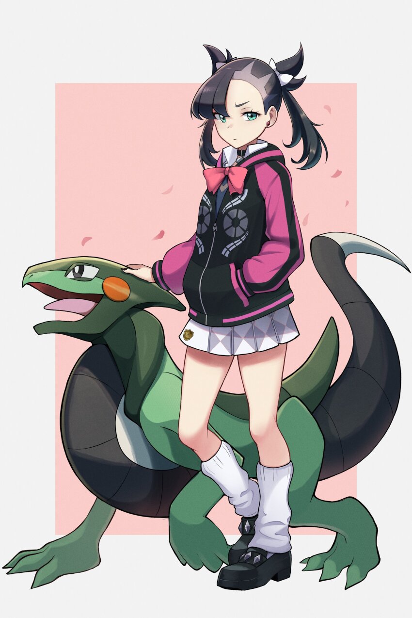1girl absurdres asymmetrical_bangs black_hair bow bowtie cyclizar full_body green_eyes hair_ribbon hand_in_pocket hand_on_another&#039;s_head highres hood hoodie looking_at_viewer marnie_(academy)_(pokemon) marnie_(pokemon) miniskirt mr.thunderigor nintendo pokemon pokemon_(creature) pokemon_masters_ex ribbon school_uniform shoes skirt socks standing twintails undercut white_socks