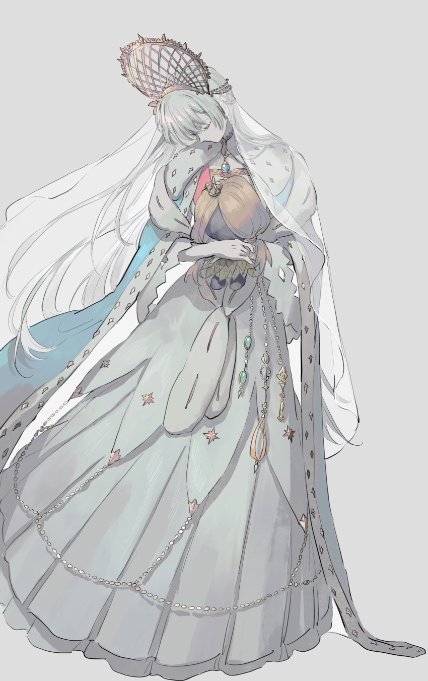1girl absurdres anastasia_(fate) blue_cape cape closed_eyes doll dress fate/grand_order fate_(series) fur_collar grey_background hair_ornament highres holding holding_doll jewelry long_dress long_hair mimulishizi necklace royal_robe simple_background solo veil viy_(fate) white_dress white_hair