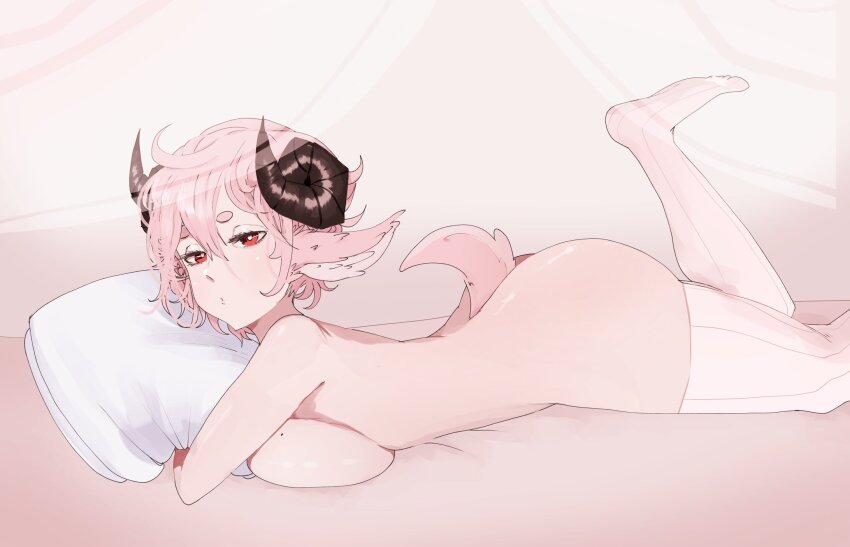 1girl animal_ears breast_press breasts closed_mouth commentary english_commentary expressionless foot_out_of_frame hair_between_eyes highres horns large_breasts long_bangs looking_at_viewer lying mole mole_on_breast no_shoes nude on_stomach original pillow pink_hair red_eyes sheep_ears sheep_girl sheep_horns sheep_tail short_hair solo tail the_pose thick_eyebrows thighhighs weeze white_thighhighs