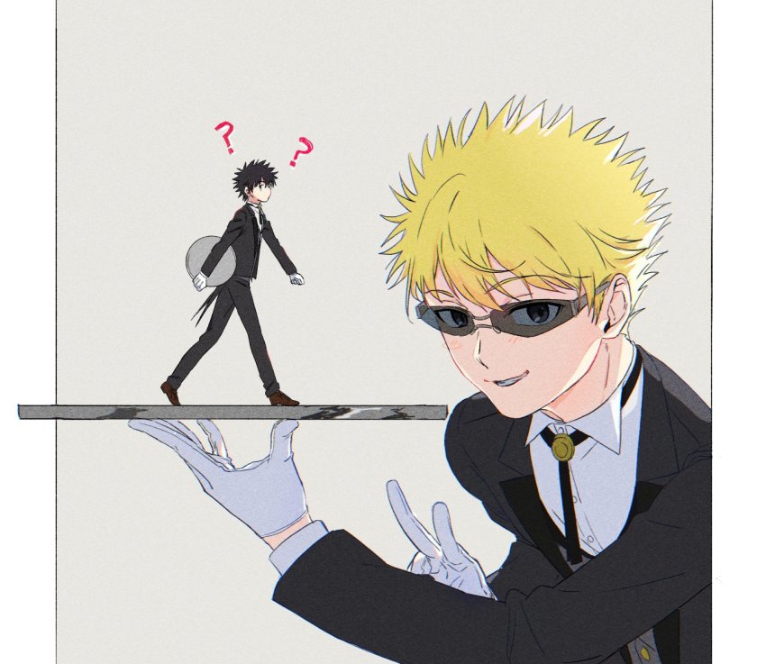 2boys ? black_eyes black_hair black_necktie black_suit blonde_hair butler commentary_request formal_clothes gloves kamijou_touma long_sleeves looking_at_viewer male_focus mini_person miniboy multiple_boys necktie riyen1017 short_hair spiked_hair suit sunglasses toaru_majutsu_no_index tsuchimikado_motoharu v walking white_gloves