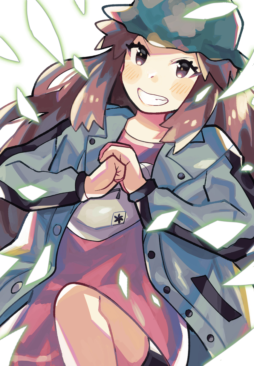 1girl anidler91 bike_shorts black_shorts blue_hat blue_jacket brown_eyes brown_hair camouflage_headwear grin hat highres jacket leaf_(pokemon) leaf_(sygna_suit)_(pokemon) leg_up long_hair long_shirt long_sleeves nintendo open_clothes open_jacket own_hands_together pink_shirt pokemon pokemon_masters_ex shirt shorts simple_background smile solo teeth white_background
