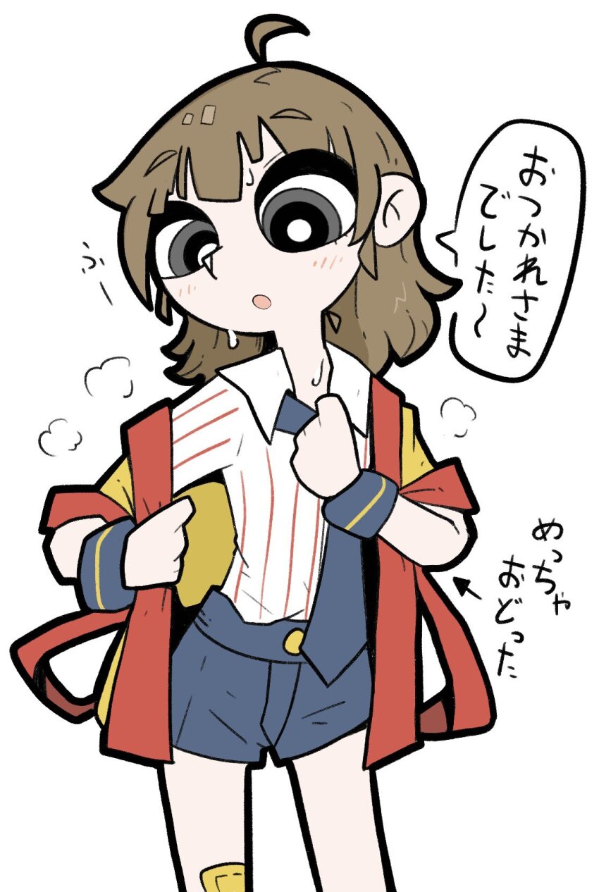 1girl :o ahoge arrow_(symbol) blue_necktie blue_shorts brown_hair collared_shirt employee_uniform fast_food_uniform flat_chest grey_eyes happi highres imadake_dabuchi_tabemi japanese_clothes legs_apart mcdonald&#039;s medium_hair necktie open_mouth rumford shirt shirt_tucked_in shorts simple_background solo speech_bubble standing steaming_body striped_clothes striped_shirt sweat translation_request undressing vertical-striped_clothes vertical-striped_shirt white_background white_shirt yellow_happi