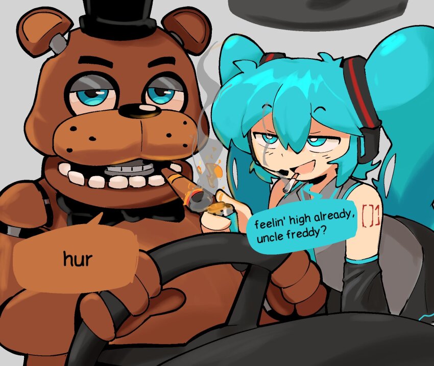 1girl abstractpurple arm_tattoo bear_boy black_skirt black_sleeves blue_eyes blue_hair cigar cigarette crossover detached_sleeves driving english_text fire five_nights_at_freddy&#039;s freddy_fazbear grey_shirt hat hatsune_miku headset highres holding holding_lighter lighter long_hair mechanical_arms mechanical_ears mouth_hold number_tattoo shirt skirt smoking speech_bubble steering_wheel tattoo top_hat twintails vocaloid