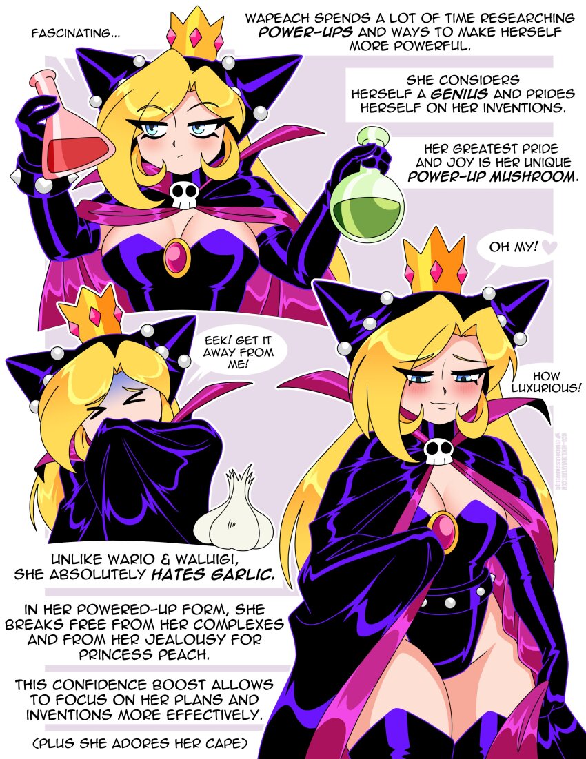 &gt;_&lt; 1girl absurdres aged_up alternate_breast_size animal_ears black_cape black_gloves black_leotard boots bracelet breast_conscious breasts cape character_profile cleavage collared_cape covering_nose elbow_gloves english_text fake_animal_ears fake_horns flask garlic gloves hair_over_one_eye half-closed_eyes high_collar highleg highleg_leotard highres holding holding_flask hood hood_up hooded_cape horned_hood horns jewelry large_breasts latex latex_leotard leather_leotard leotard light_blush mario_(series) mario_power_tennis mario_tennis nico-neko nintendo pink_gemstone potion power-up purple_cape purple_gloves purple_leotard round-bottom_flask sideways_glance skull_brooch solo spiked_bracelet spikes strapless strapless_leotard thigh_boots turn_pale warupeach