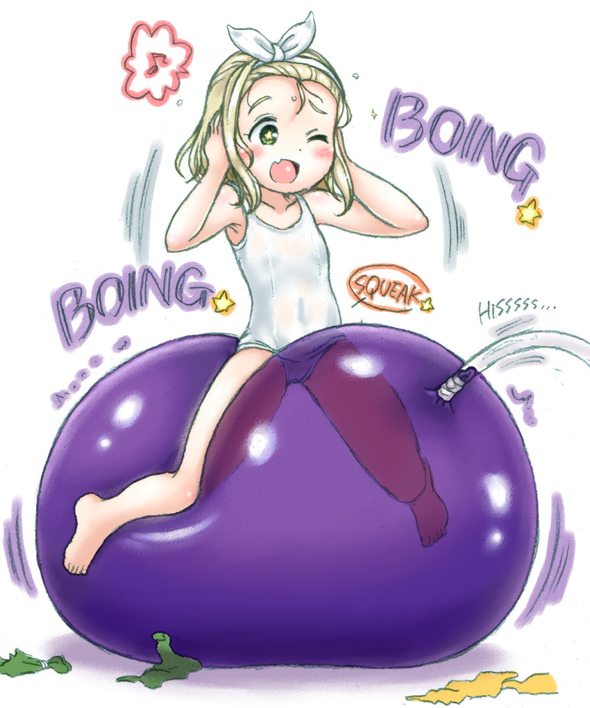 1girl balloon barefoot blonde_hair commentary_request covering_own_ears eighth_note fang flat_chest fukidamari_no_peke full_body green_eyes hairband highres i-504_(kancolle) kantai_collection luigi_torelli_(kancolle) musical_note one-piece_swimsuit riding school_swimsuit short_hair simple_background skin_fang solo spoken_musical_note swimsuit white_background white_hairband white_one-piece_swimsuit