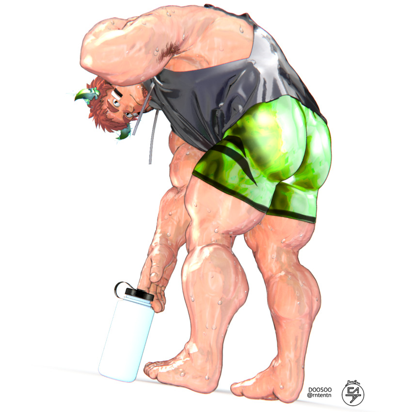 1boy alternate_costume animal_ears arm_behind_back armpit_peek ass bara barefoot bike_shorts blush bottle brown_hair calves cow_boy cow_ears cow_horns doosoo eye_black facial_hair fiery_horns forked_eyebrows full_body glowing_horns goatee green_shorts grey_jacket highres holding holding_bottle horns jacket korean_commentary large_pectorals leaning_forward looking_at_viewer male_focus muscular muscular_male pectorals short_hair shorts simple_background skin_tight sleeveless sleeveless_jacket smile solo spiked_hair sweat thick_eyebrows thick_thighs thighs tokyo_houkago_summoners wakan_tanka water_bottle white_background