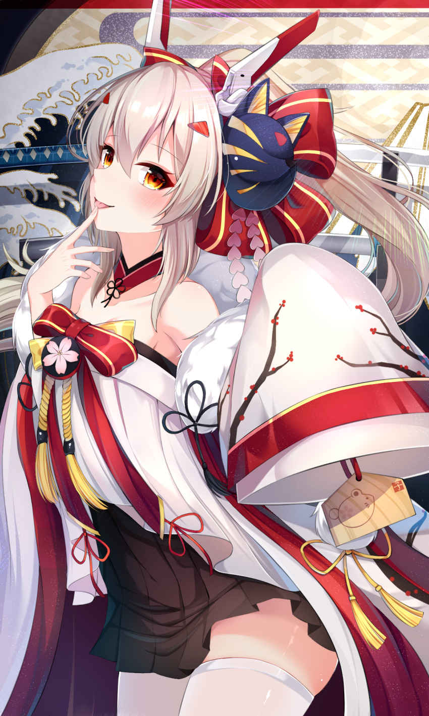 1girl ayanami_(azur_lane) ayanami_(pulse_of_the_new_year)_(azur_lane) azur_lane bare_shoulders black_skirt brown_hair chinese_zodiac commentary_request cowboy_shot ema female_focus fine_art_parody finger_to_mouth fox_mask fur_trim hair_ornament highres holding japanese_clothes long_hair long_sleeves looking_at_viewer mask mask_on_head nihonga off_shoulder orange_eyes parody ponytail red_ribbon ribbon shiira_(nya_rl) skirt solo thighhighs tongue tongue_out waves white_thighhighs wide_sleeves year_of_the_rat zettai_ryouiki