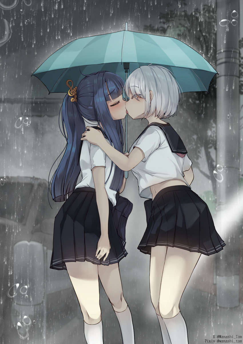 2girls absurdres black_sailor_collar black_skirt blue_hair blue_umbrella car closed_eyes commentary_request french_kiss highres holding_own_arm kiss kneehighs long_hair motor_vehicle multiple_girls original outdoors pleated_skirt ponytail rain sailor_collar school_uniform serafuku shirt short_hair short_sleeves skirt socks tongue twitter_username umbrella wanashi_tam white_hair white_shirt white_socks yuri
