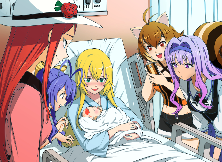 5girls 6+girls absurdres animal_ears antenna_hair baby bed blanket blazblue blonde_hair blue_eyes blue_hair blue_headband brown_eyes brown_hair cellphone commission derivative_work eudetenis flower genderswap genderswap_(mtf) green_eyes hairband hat hat_flower headband highres hospital_bed if_they_mated ips_cells kajun_faycott kisaragi_jin long_hair mai_natsume makoto_nanaya mother_and_daughter multiple_girls open_mouth phone purple_eyes purple_hair red_hair rose short_hair signature smartphone smile squirrel_ears squirrel_girl squirrel_tail tail tears tsubaki_yayoi vest white_headwear yuri