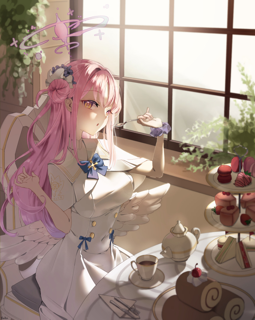1girl absurdres blue_archive blue_bow blush bow capelet dress feathered_wings flower hair_bun hair_flower hair_ornament highres holding holding_spoon kkaru looking_at_viewer mika_(blue_archive) open_mouth pink_hair purple_flower purple_scrunchie scrunchie single_side_bun spoon white_capelet white_dress white_scrunchie wings wrist_scrunchie yellow_eyes