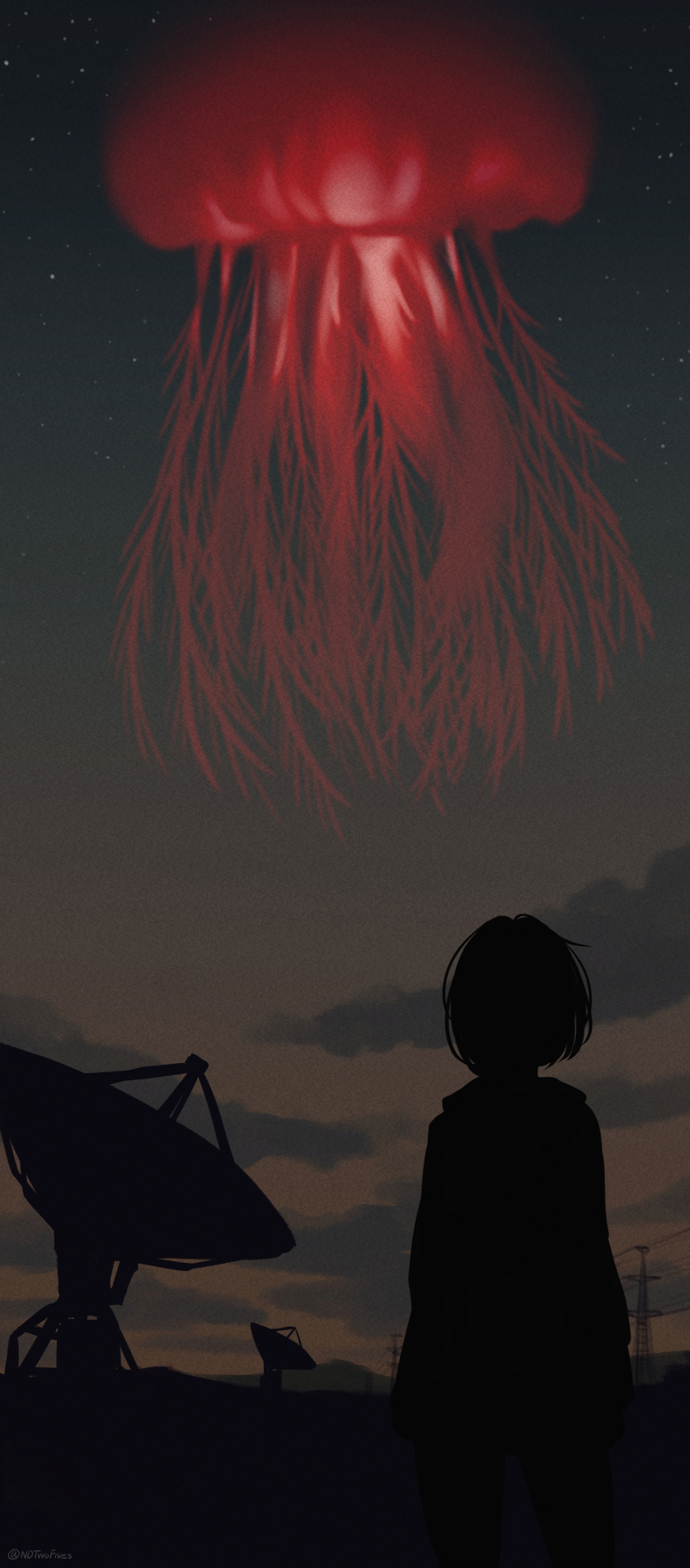 1girl absurdres animal cloud commentary facing_away from_behind highres jellyfish ndtwofives night night_sky original oversized_animal power_lines satellite_dish silhouette sky solo surreal transmission_tower
