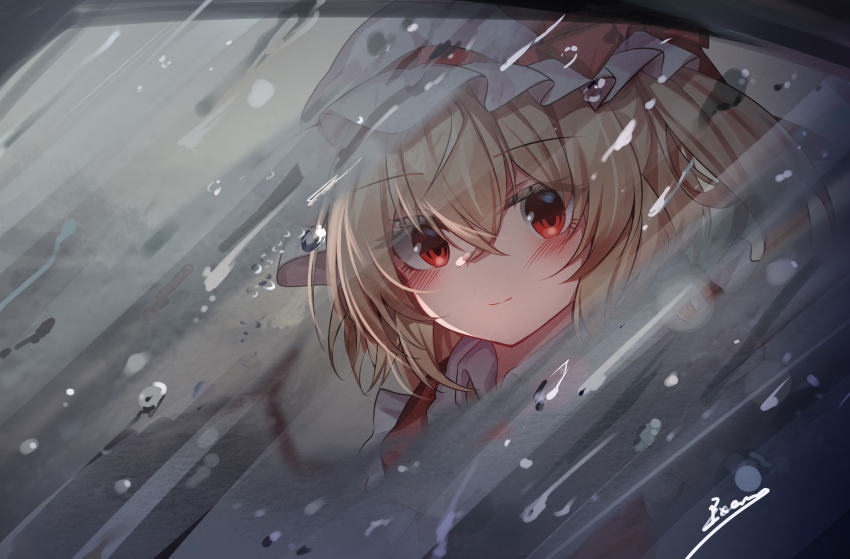1girl absurdres blonde_hair blush bow cloud cloudy_sky commentary condensation crossed_bangs english_commentary flandre_scarlet floating_hair grey_sky hair_between_eyes hat hat_bow highres long_hair looking_at_viewer mob_cap one_side_up outdoors red_bow red_eyes signature sky smile solo top-exerou touhou upper_body water_drop white_hat window_fog