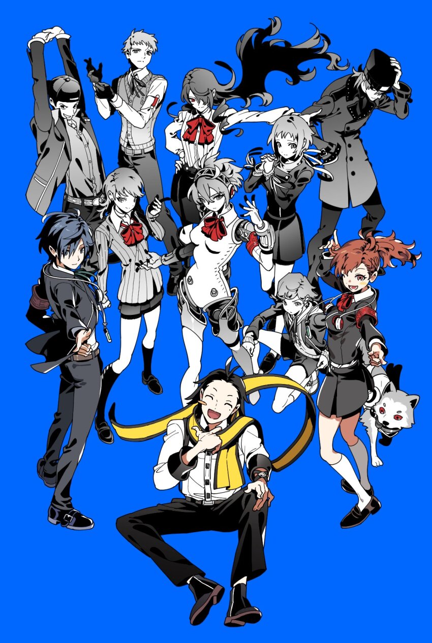 5girls 6+boys adjusting_clothes adjusting_gloves aigis_(persona) amada_ken android animal aragaki_shinjirou armband arms_up backwards_hat baseball_cap beanie black_hair blue_background blue_hair blush_stickers bow bowtie breasts brown_hair closed_eyes coat dog floating_hair gekkoukan_high_school_uniform gloves hair_between_eyes hand_on_headwear hat highres iori_junpei jacket kirijou_mitsuru kneehighs koromaru_(persona) long_hair mochizuki_ryouji mole mole_under_eye multiple_boys multiple_girls open_mouth oxnxgolfqt76300 pants persona persona_3 persona_3_portable red_armband red_bow red_bowtie sanada_akihiko scarf school_uniform shiomi_kotone shirt shoes short_hair shorts single_blush_sticker skirt socks sweater_vest takeba_yukari yamagishi_fuuka yellow_scarf yuuki_makoto_(persona_3)