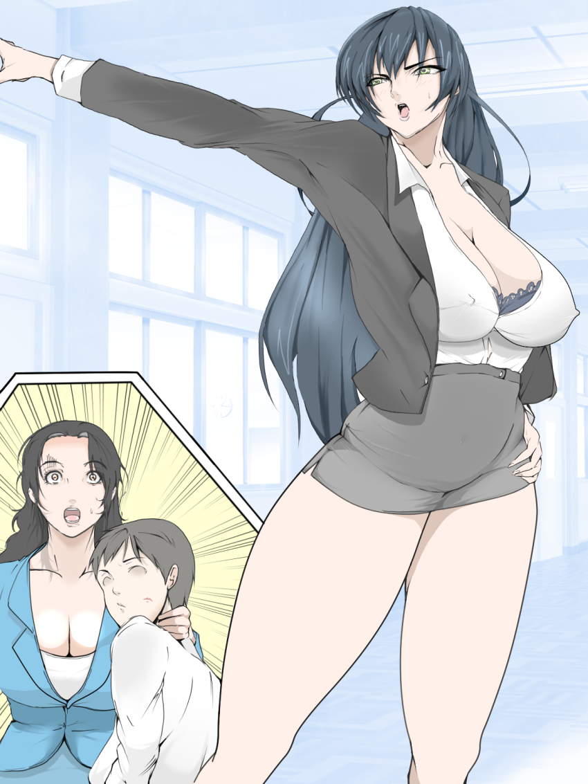 2girls :o aoshika_akiko black_hair bra breasts cleavage covered_erect_nipples curvy formal_clothes green_hair groin hand_on_own_hip highres igawa_asagi indoors large_breasts legs legs_apart long_hair multiple_girls multiple_views no_eyes open_mouth orange_eyes outstretched_arm serious skirt standing suit surprised taimanin_(series) taimanin_asagi thighs underwear wan_(13070284) wolf_guy yellow_eyes