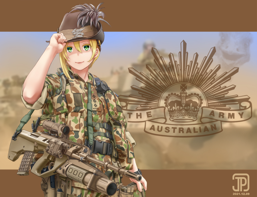 1girl assault_rifle australia bird blonde_hair bullpup fn_ag-c/eglm green_eyes grenade_launcher gun gun_sling hand_on_headwear handgun hat hat_feather holster jpc letterboxed load_bearing_equipment looking_at_viewer military military_vehicle modular_weapon_system motor_vehicle original ostrich pistol rifle signature sleeves_rolled_up slouch_hat smile soldier solo steyr_aug steyr_gl_40 tank transforming_weapon under-barrel_configuration underbarrel_grenade_launcher watch weapon wristwatch