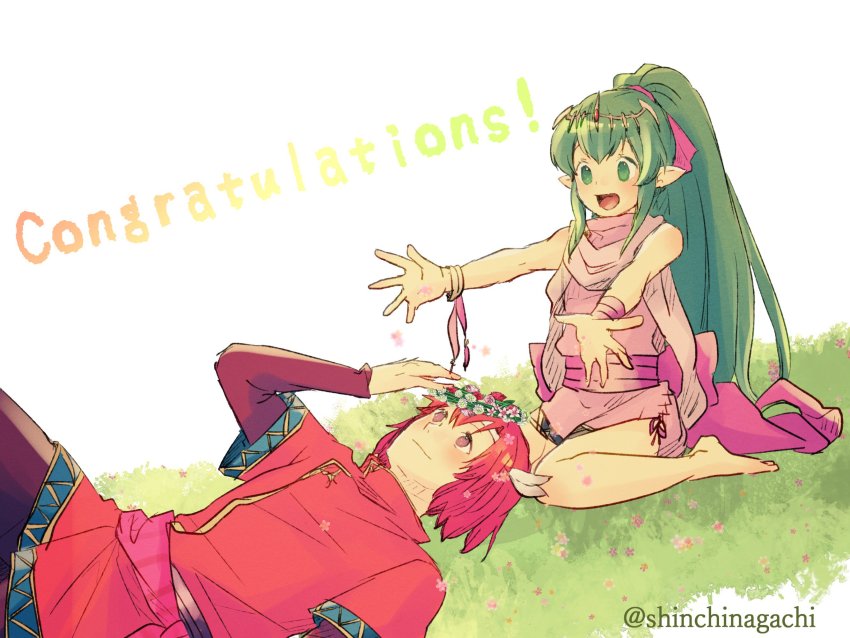 1boy 1girl bracelet cape circlet dress english_text fire_emblem fire_emblem:_mystery_of_the_emblem flower green_eyes green_hair headband highres jewelry nintendo nishimura_(shinchinagachi) pink_dress pink_legwear pointy_ears ponytail red_eyes red_hair short_hair smile stone tiara tiki_(fire_emblem) tiki_(young)_(fire_emblem) xane_(fire_emblem)