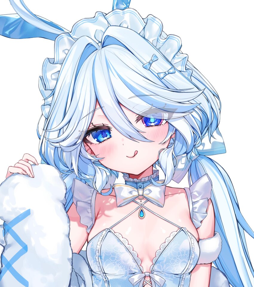 1girl :q blue_eyes blue_pupils blue_streaks blush bow bowtie breasts breasts_apart closed_mouth collarbone commentary_request drop-shaped_pupils fingernails frilled_hairband frills furina_(genshin_impact) genshin_impact hair_between_eyes hairband hand_up heterochromia highres ineka_ka long_hair looking_at_viewer multicolored_hair small_breasts solo streaked_hair symbol-shaped_pupils tongue tongue_out very_long_hair white_bow white_bowtie white_hair white_hairband