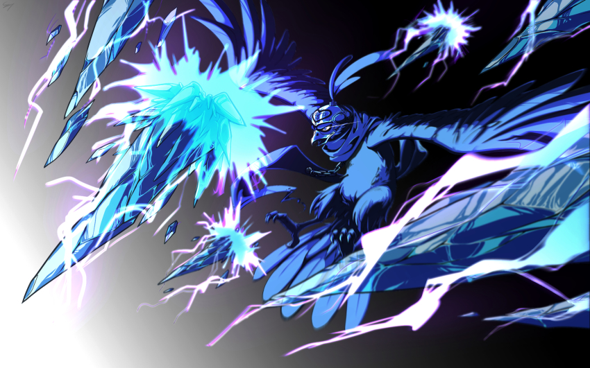 bad_id bad_pixiv_id bird blurry falcon gradient_background helmet highres ice icicle jojo_no_kimyou_na_bouken lightning no_humans pet_shop sei_(restargazers) solo