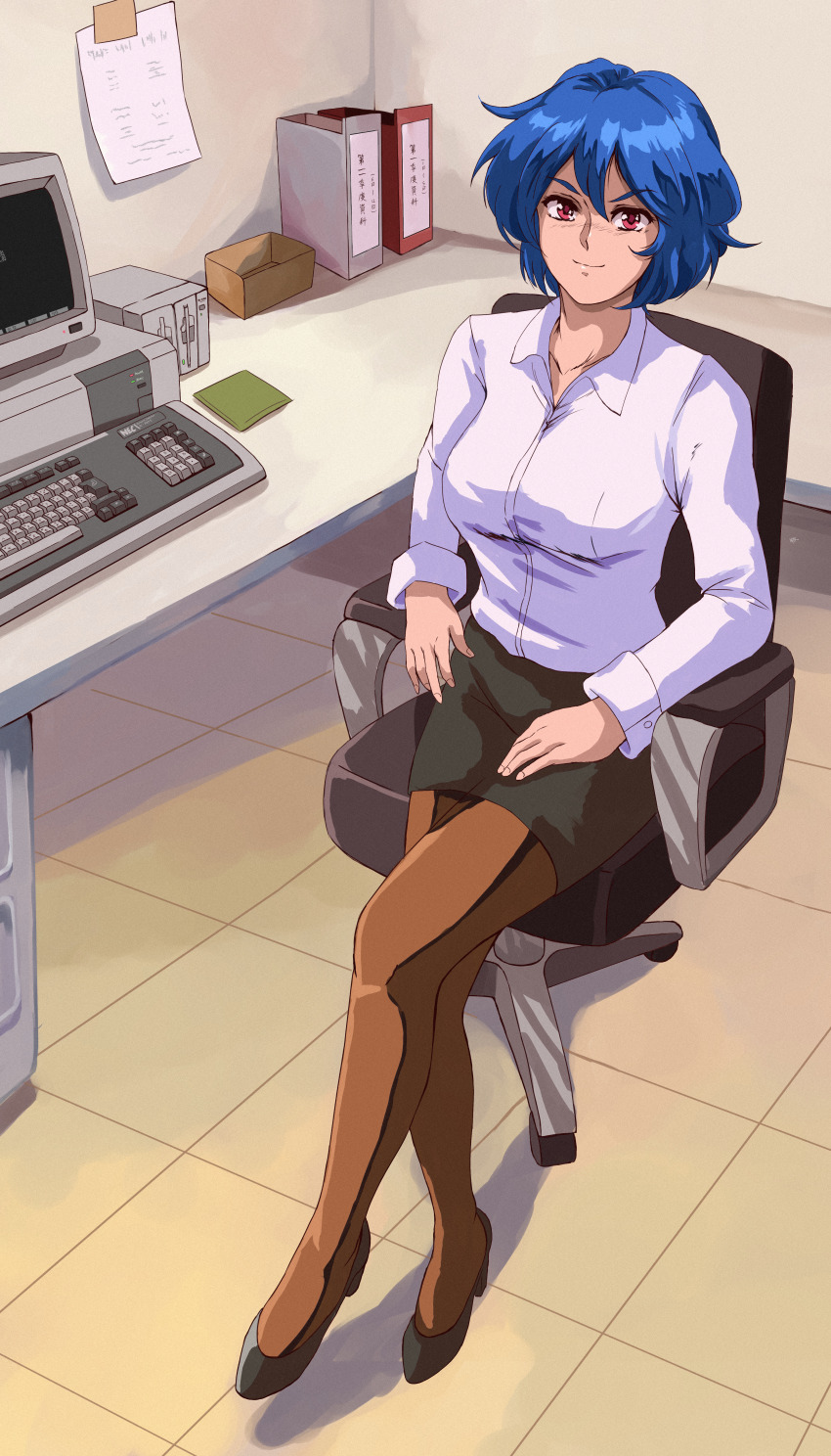 1980s_(style) 1girl absurdres black_footwear black_skirt blue_hair borrowed_character breasts cabinet chair closed_mouth computer computer_keyboard file_cabinet formal_clothes hand_on_lap highres indoors large_breasts long_sleeves looking_at_viewer monitor office office_chair office_lady oldschool on_chair original pantyhose pencil_skirt red_eyes retro_artstyle shirt short_hair sitting skirt skye_(hcnone) smile solo swivel_chair thighhighs white_shirt yato_(yama0x1)