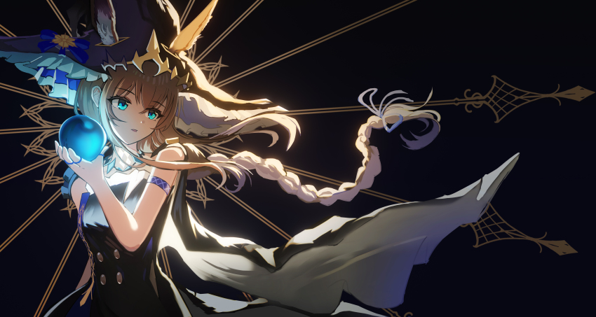 1girl absurdres ambience_synesthesia amiya_(medic)_(solo_around_the_world)_(arknights) amiya_(arknights) animal_ears arknights bare_shoulders black_dress black_hat blue_apple blue_eyes braid brown_hair cape cowboy_shot crystal_apple dress ears_through_headwear extra_ears flying_burrito_cat frilled_hat frilled_headwear frills hair_between_eyes hat highres holding jewelry long_hair multiple_rings official_alternate_costume rabbit_ears rabbit_girl ring solo witch_hat