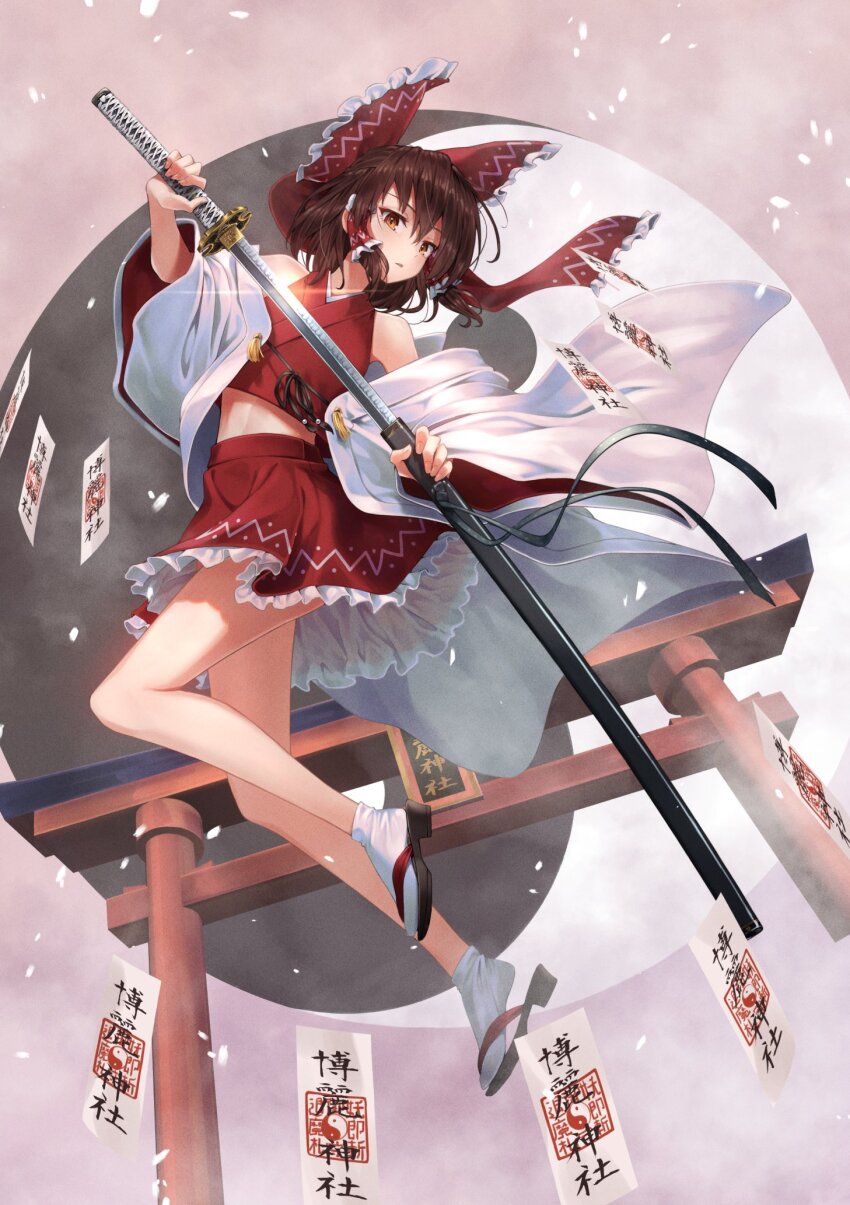 1girl bare_shoulders bow breasts brown_eyes brown_hair detached_sleeves full_body greenkohgen hair_bow hair_tubes hakurei_reimu highres holding holding_sword holding_weapon katana long_hair midriff ofuda red_bow red_shirt red_skirt sandals sheath shirt skirt sleeveless sleeveless_shirt small_breasts socks solo sword torii touhou unsheathing weapon white_socks wide_sleeves wrist_cuffs
