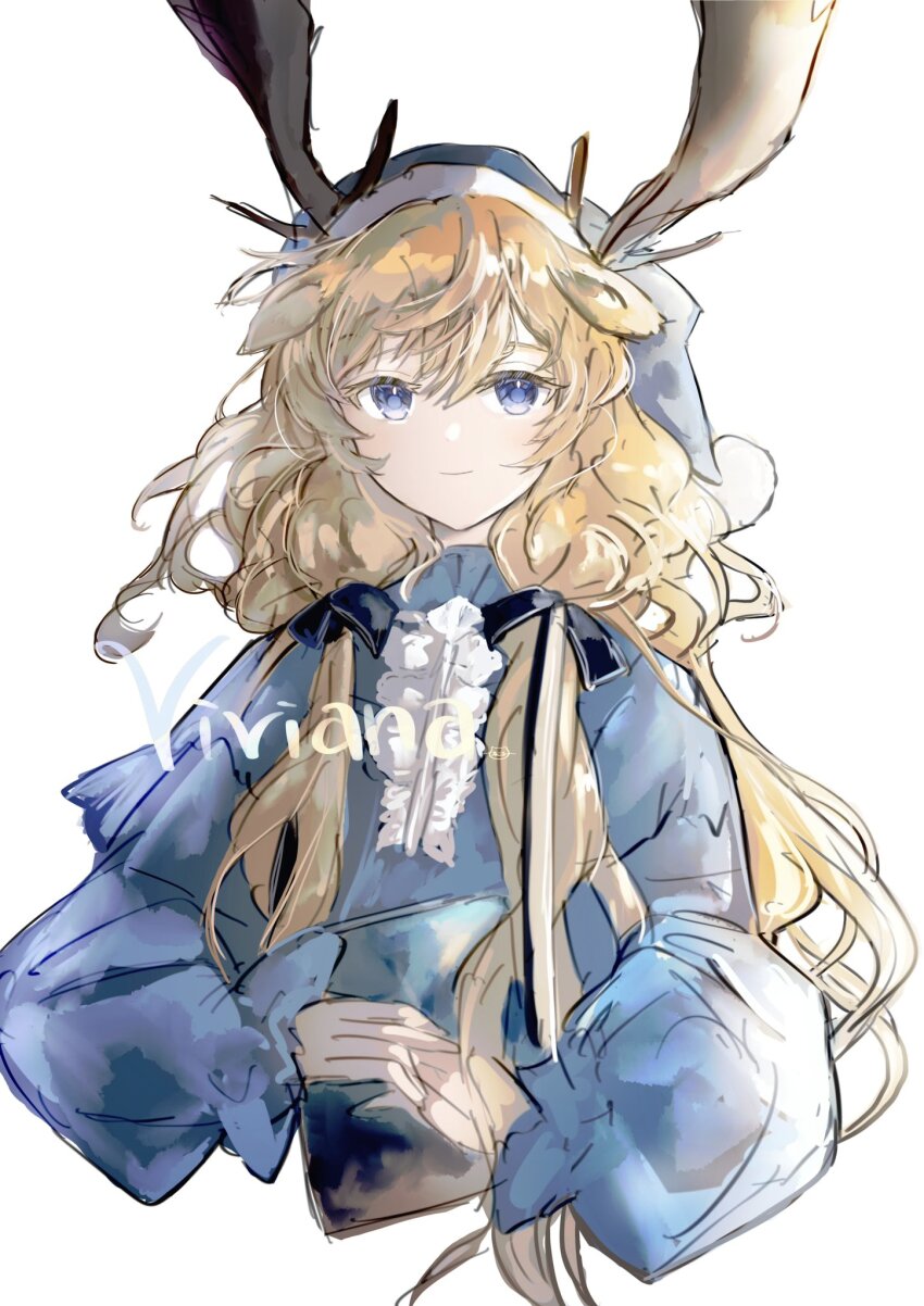 animal_ears antlers arknights blonde_hair blue_eyes blue_nightgown book deer_antlers deer_ears deer_girl hat highres holding holding_book horns long_hair nightcap nightgown sketch tukaima viviana_(arknights)